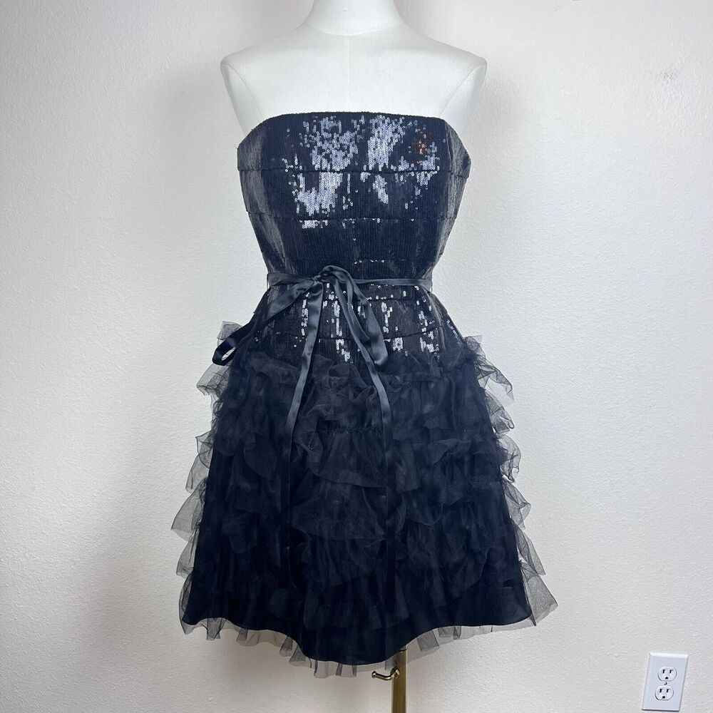 Davids Bridal Dress Womens Large Mini Cocktail Party Sequins Ruffle Black